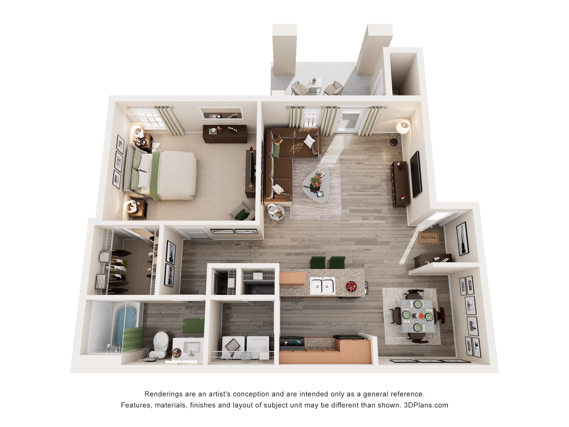 Floor plan for 1 bed, 1 bath, 970 sqft